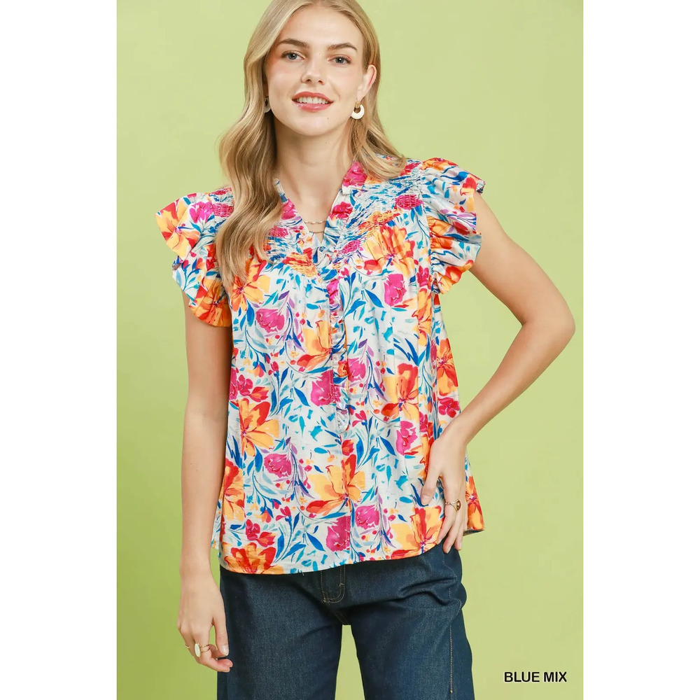 Umgee Smocked Yoke Ruffle Sleeve Floral Blouse